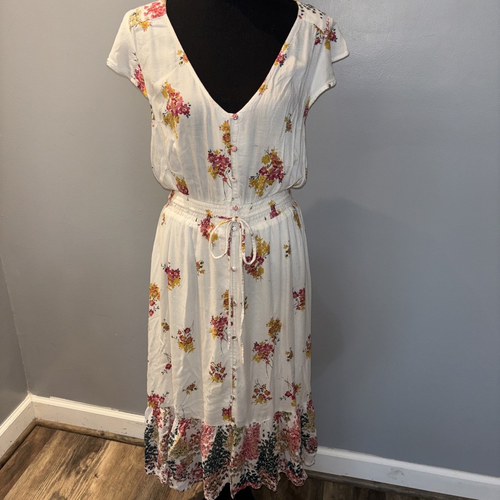 Lucky Brand Dress Women's M Cream Floral Boho Button Midi Hi Low‎ Hem Peasant